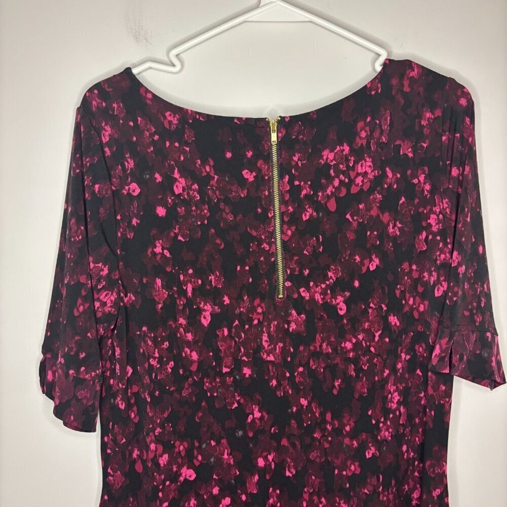 TAHARI Shift Dress Womens 12 Black Pink 1/2 sleeve Stretch Back Zip - Picture 2 of 5